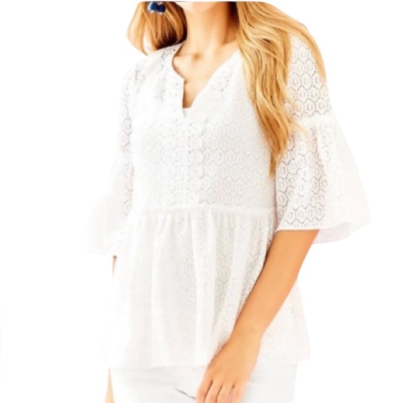 Lilly Pulitzer Inez Crochet Lace Top White Diamond Geo Eyelet XXS - Picture 1 of 5